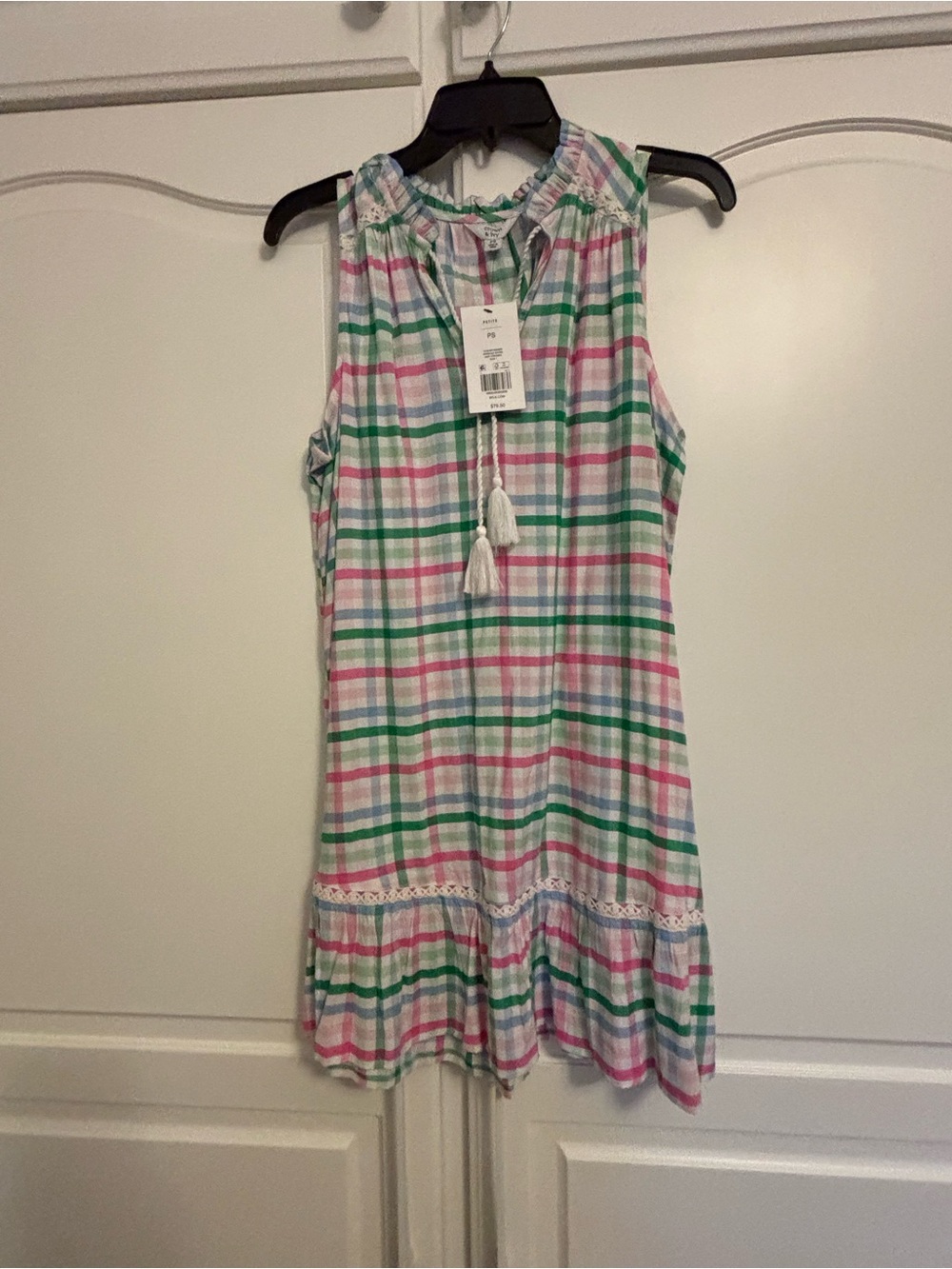 Women’s Sleeveless Plaid Tassel Dress - Pink & Green